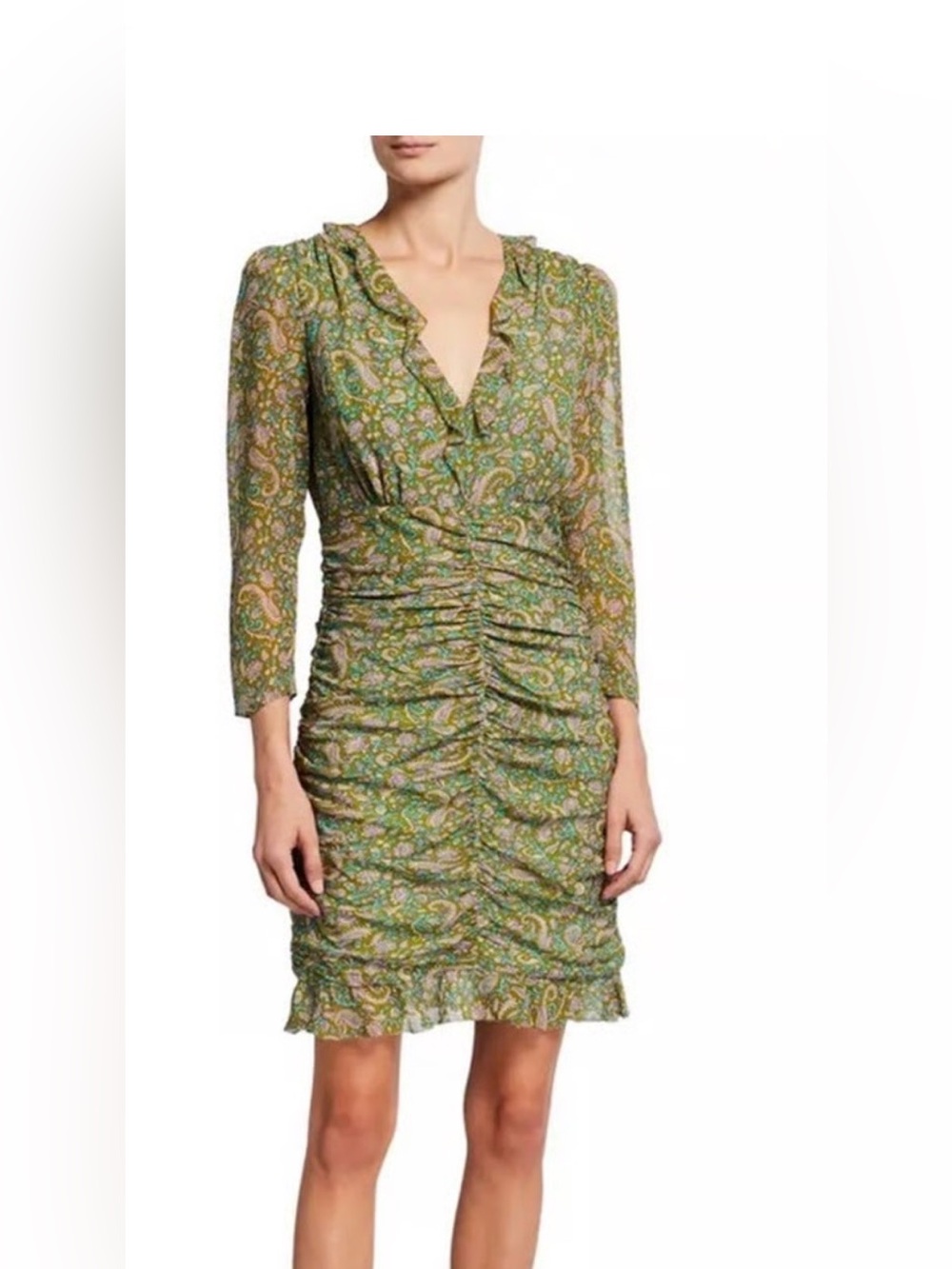 Green Paisley Ruffle V-Neck Ruched Dress